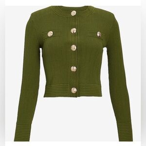 Express Novelty Gold Button Ribbed Green Long Sleeve Old Money Cardigan
